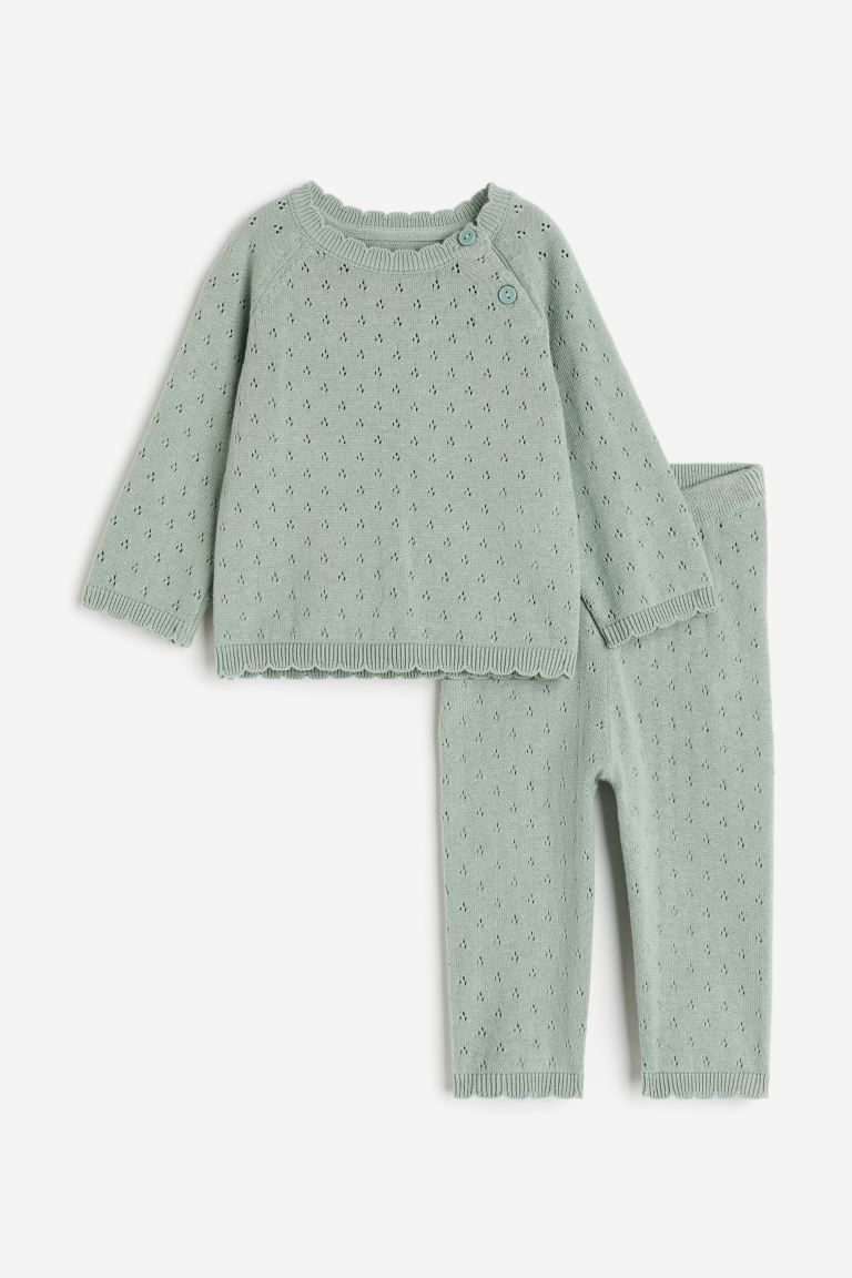 2-piece Pointelle-knit Set - Dusty green - Kids | H&M US | H&M (US + CA)