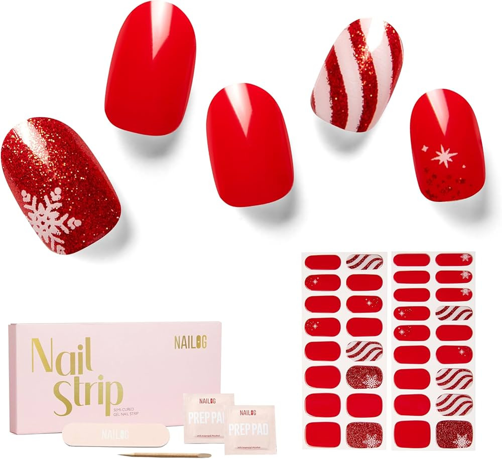 Nailog Semi Cured Gel Nail Strips 34 pcs for Christmas | Long Lasting Nail Polish Sticker Wraps w... | Amazon (US)