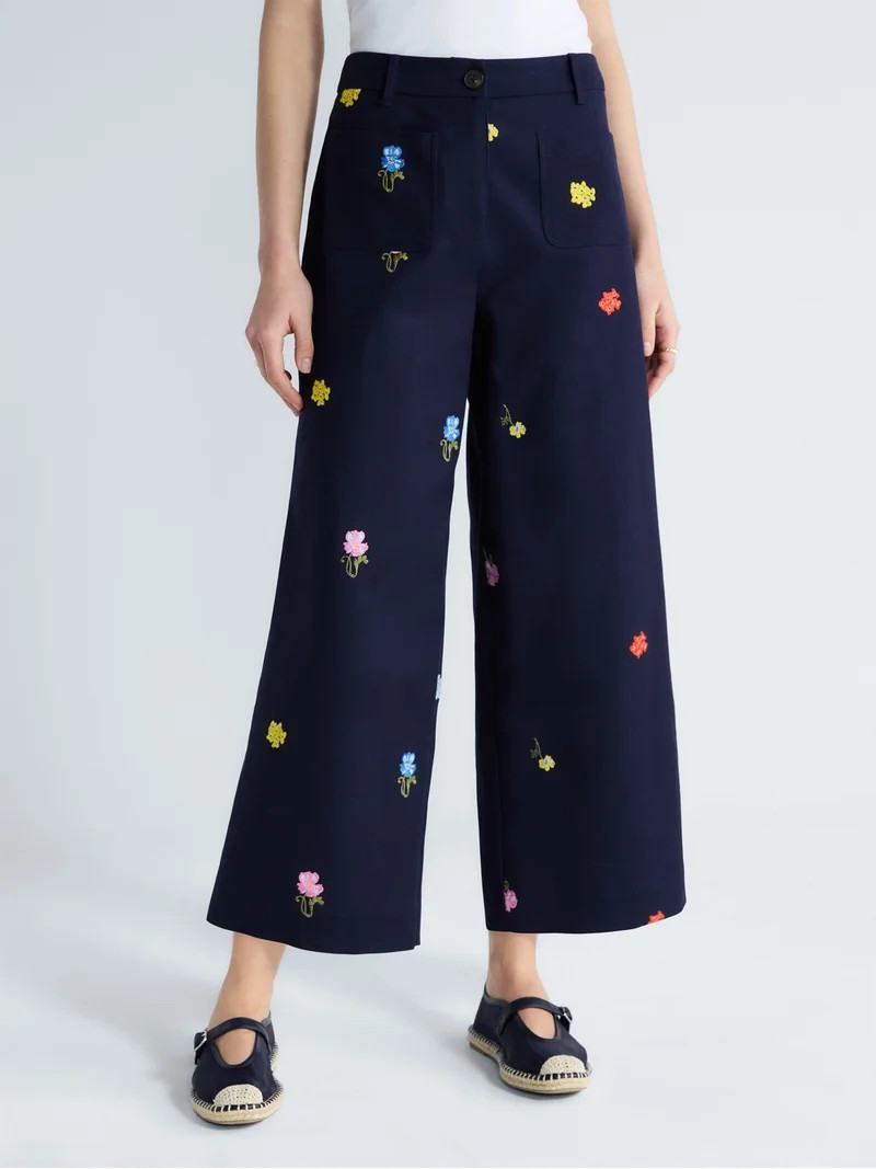 Free Assembly Women's Embroidered Wide Leg Cropped Pants, 26" Inseam, Sizes 0-18 | Walmart (US)