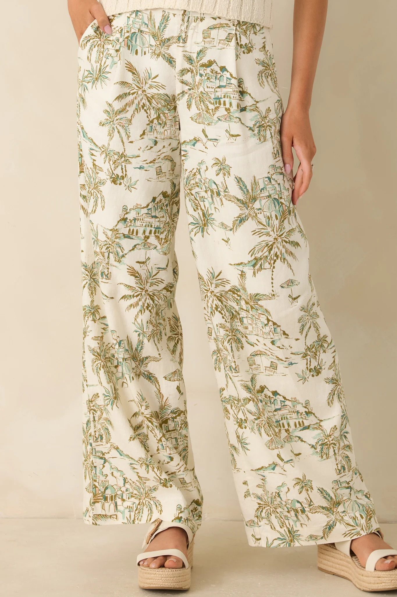 Z Supply Overlook Tiki Tide Light Beige & Green Linen Pant | Red Dress