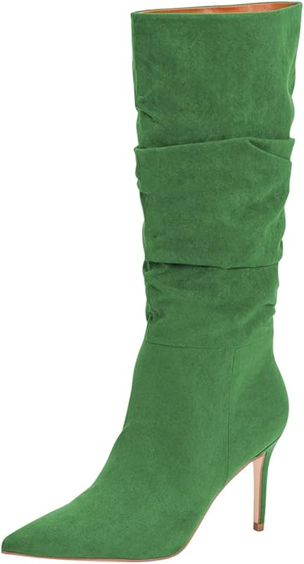 FSJ Women Chic Pointed Toe Slouchy Mid Calf Boots Stiletto High Heel Pull On Casual Winter Walkin... | Amazon (US)