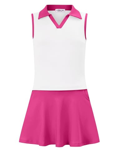 LIONJIE Kids Girls Tennis Golf Dress Outfit Sleeveless Dress with Pockets Athletic Skorts and Polo Tank Top Sets (US, Age, 11 Years, 12 Years, Rose Red) | Amazon (US)