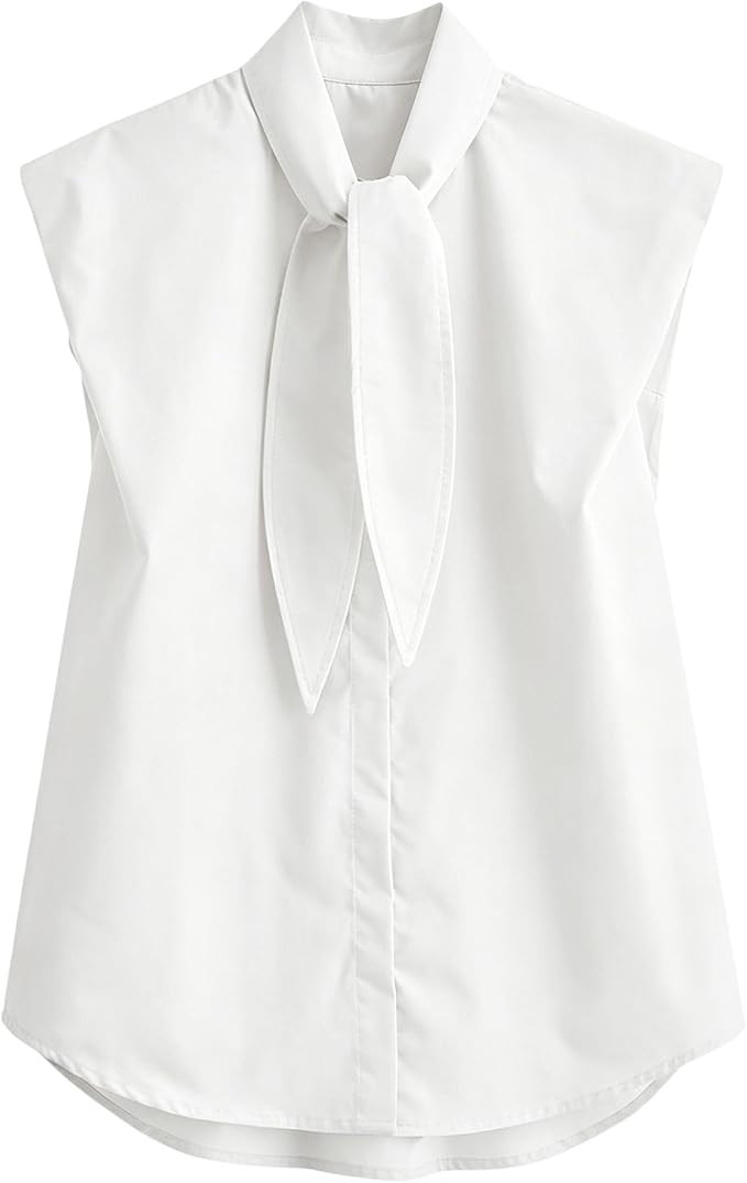 Chevara Women’s Laced Striped Shirt Sleeveless Tie Neck Lightweight Summer Blouse Button Down O... | Amazon (US)