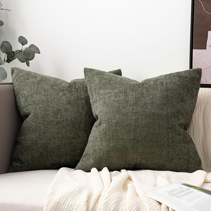 Set of 2 Olive Green Chenille Linen Decorative Pillow Covers 18x18 Inch Textured Farmhouse Throw ... | Amazon (US)