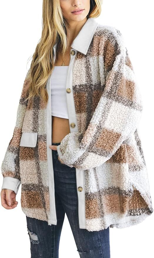 uoDim Womens Plaid Shacket Jacket Long Sleeve Button Down Fuzzy Teddy Jacket Coat Fall Winter Out... | Amazon (US)