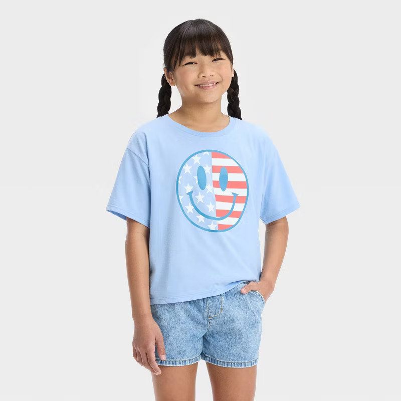 Girls' Americana Smiley Flag Short Sleeve Graphic Cropped T-Shirt - Blue | Target