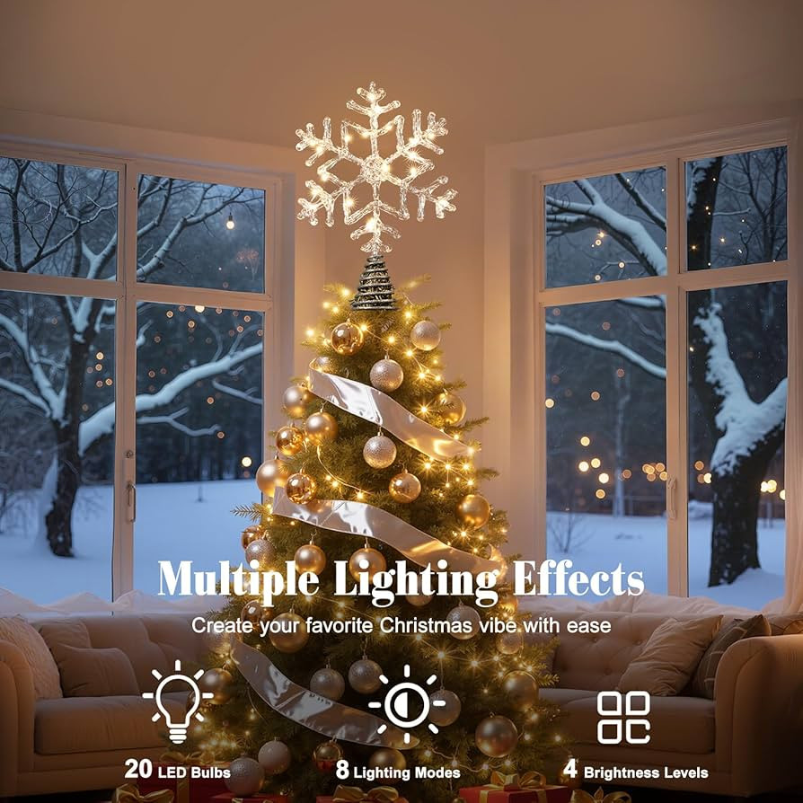 Lewondr Christmas Snowflake Tree Topper, 12.2'' Glittered Epoxy Xmas Tree Topper with 20 LED Bulb... | Amazon (US)