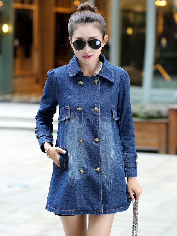 Denim Jacket Women Trench Coat Long Sleeve Casual Jacket For Women | Milanoo