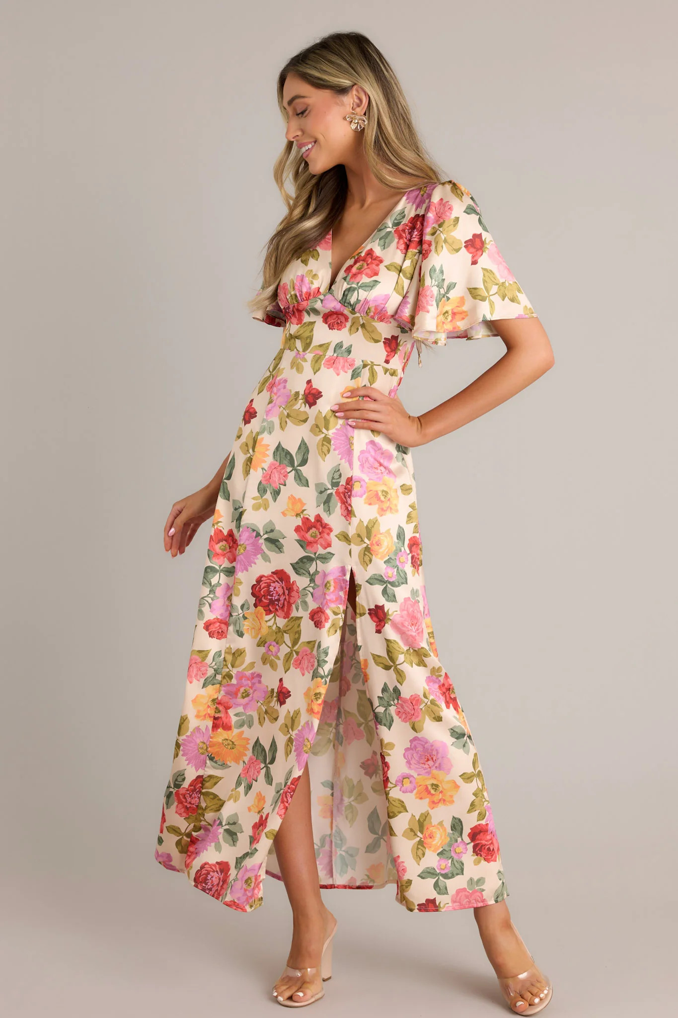 Rosewood Romance Beige Multi Floral Futter Sleeve Maxi Dress | Red Dress