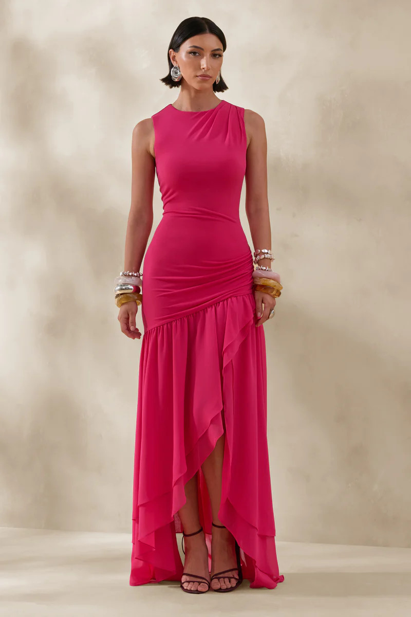 Noelia  Hot Pink High-Neck Maxi Dress With Ruffled Detailing | Club L London