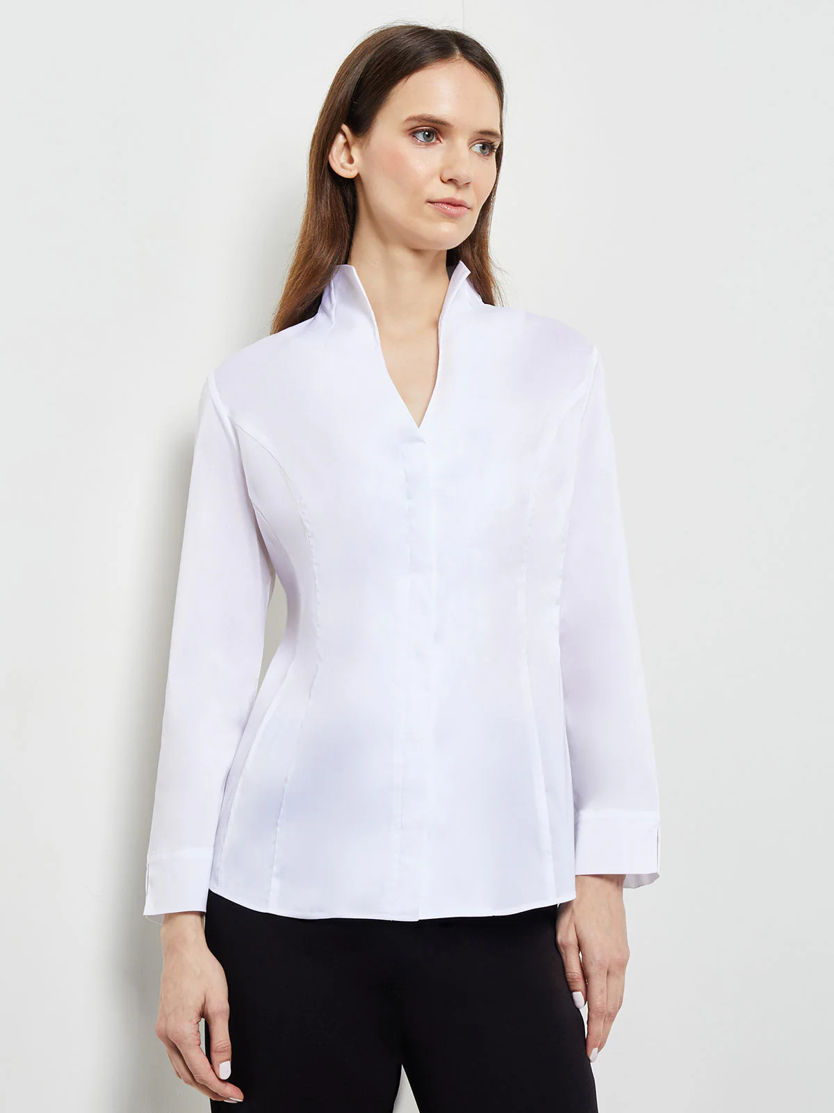 Hi-Neck Stretch Cotton Blouse, White - True Fit | Misook
