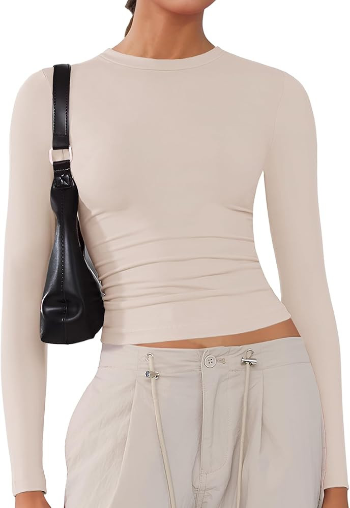 Women's Soft Long Sleeve Shirts Crew Neck Tops Basic Tees Stretchy Going Out Crop Tops Y2K Slim F... | Amazon (US)