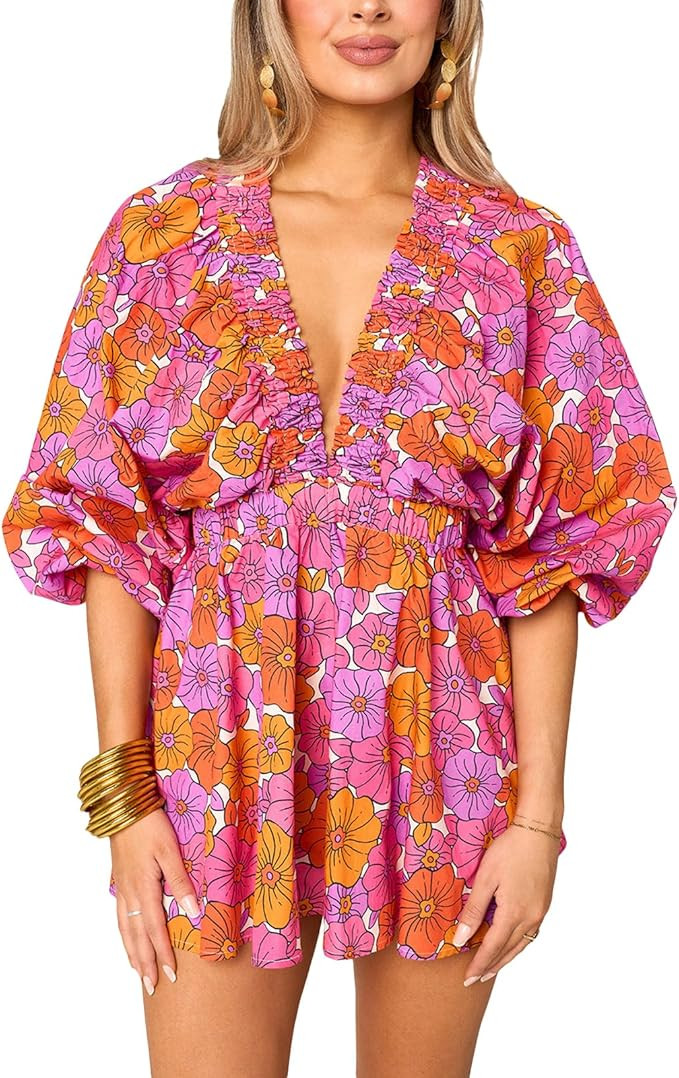 Women Summer Casual Short Tee Romper Deep v Neck Long Puff Sleeve Plaid Playsuit Oversized Jumpsu... | Amazon (US)