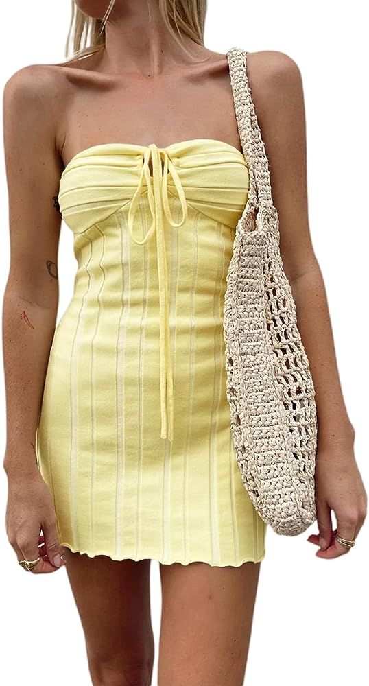 Women Halter Neck Mini Tube Dress Spaghetti Strap Backless Bandage Short Dress Floral Print Aesth... | Amazon (US)