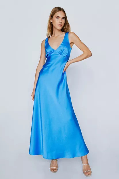 Plunge Neck Crinkle Satin Maxi Dress | NastyGal (UK, IE)
