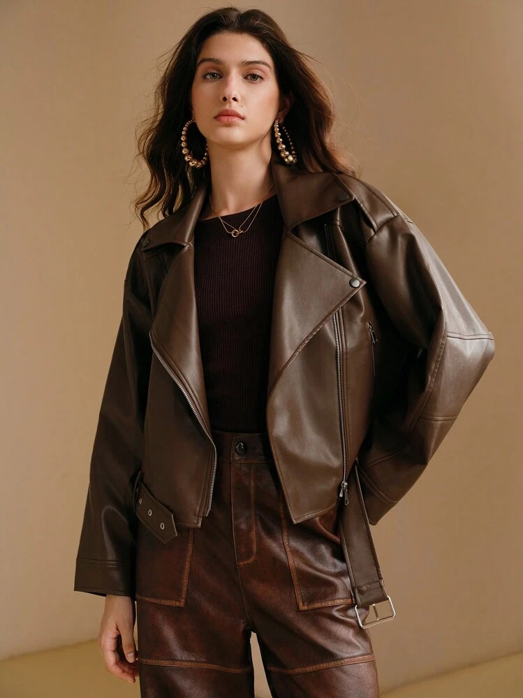 Anewsta Women Moto PU Leather Lapel Zip-Up Belted Short Jacket | SHEIN