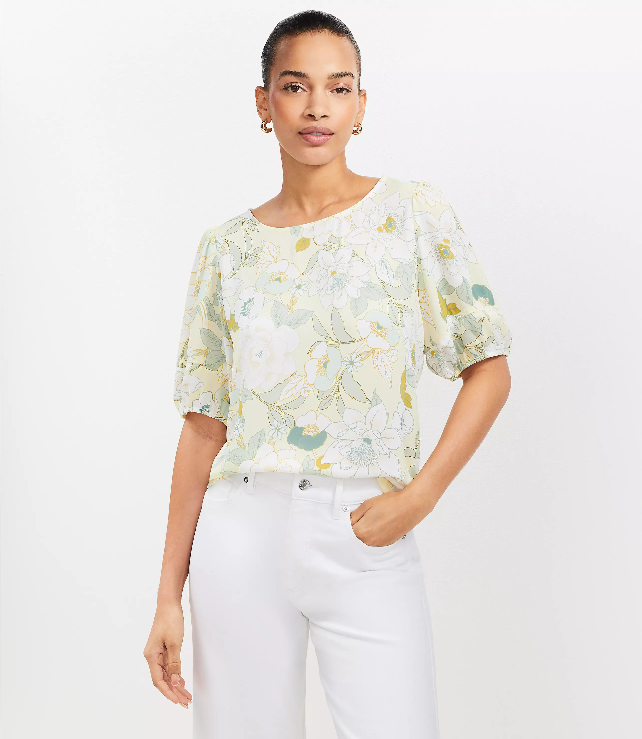 Garden Bubble Sleeve Mixed Media Top | LOFT