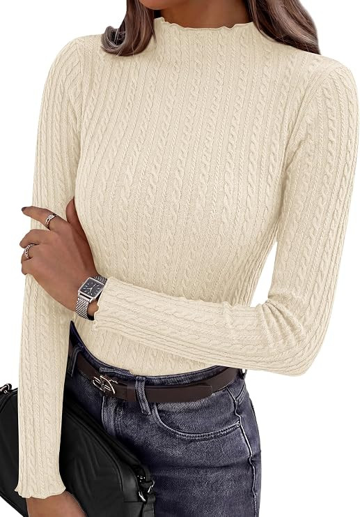 PRETTYGARDEN Women's Fall Long Sleeve Fitted Shirts | Comfy Stretchy Cable Knit, Trendy Lettuce T... | Amazon (US)