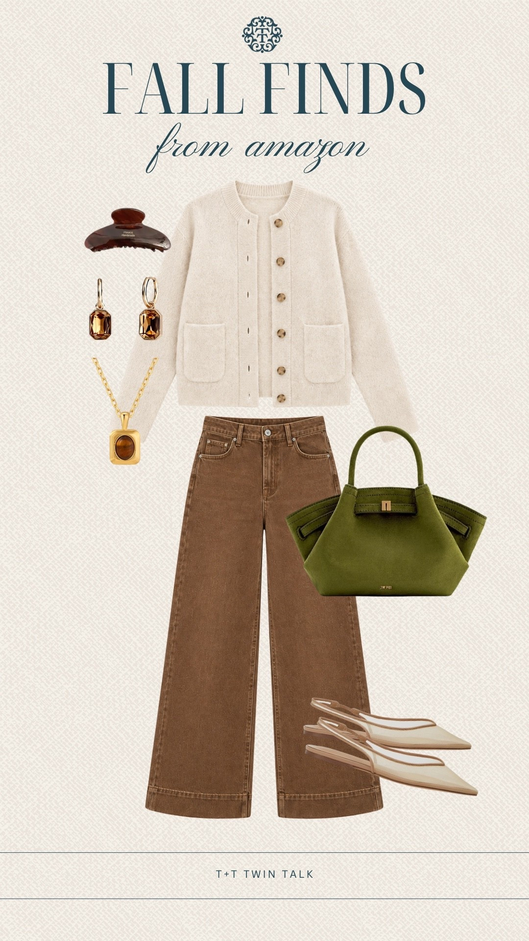 The perfect neutral fall outfit with the prettiest pop of olive green. 🤎💚 This Amazon cardigan, brown wide-leg denim, slingback flats, and suede-look handbag make such an elevated everyday outfit without the designer price tag. Add a few gold accessories and you’re done!

#LTKSeasonal #LTKOver40 #LTKMidsize #AmazonFashion #FallOutfit #FallStyle #FallFashion #AmazonFinds #NeutralOutfit #BrownDenim #Over40Style