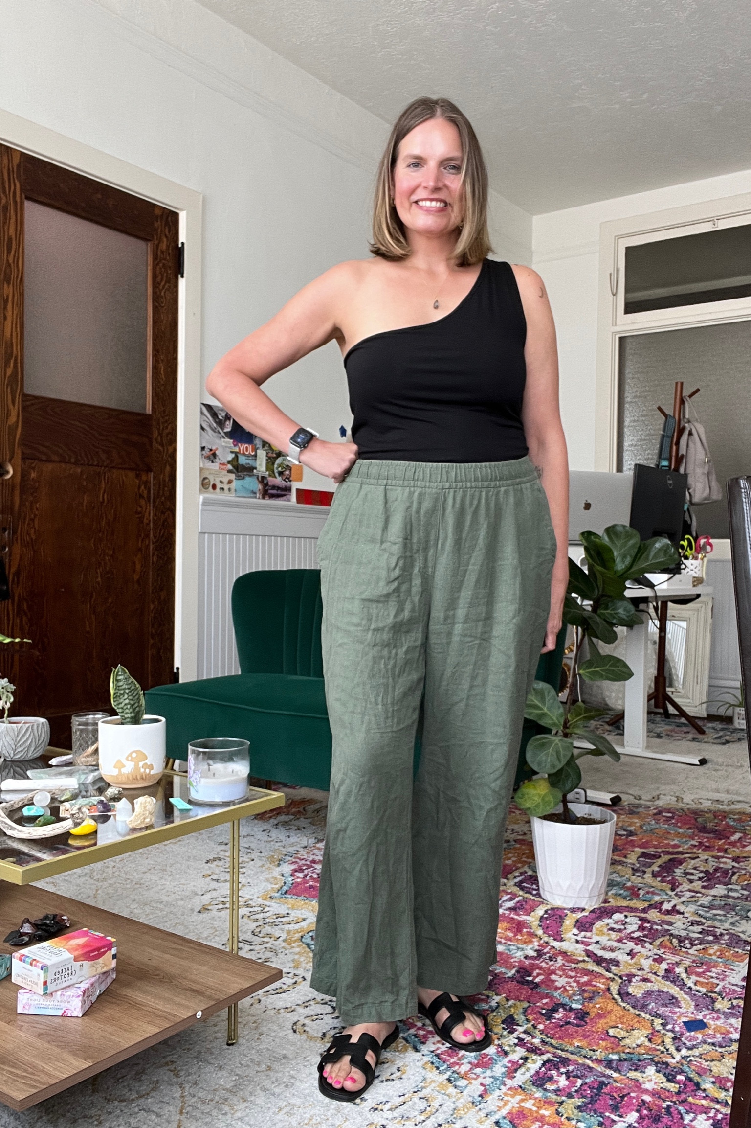 Outfit formula: one shoulder top, linen pants and sandals

#LTKcurves #LTKSeasonal #LTKstyletip