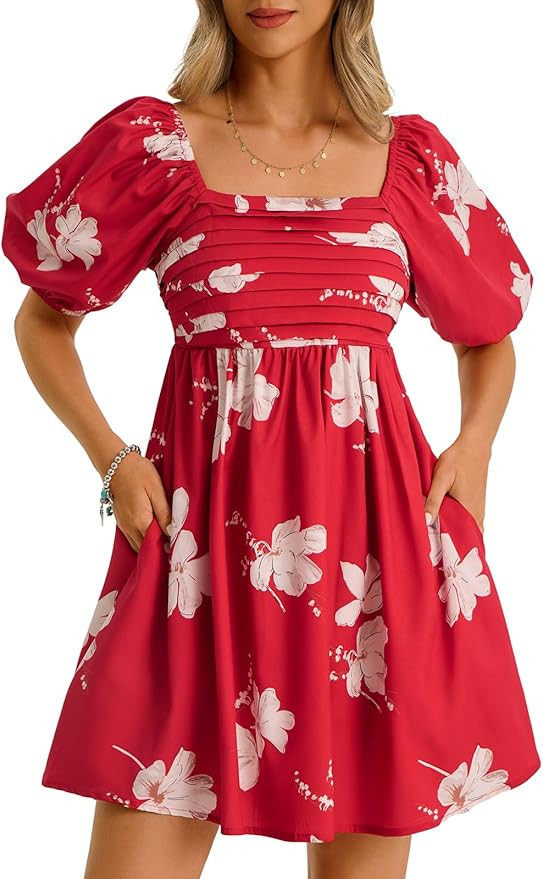 Wenrine Womens Summer Square Neck Mini Dresses Casual Floral Puff Short Sleeve Smocked High Waist... | Amazon (US)