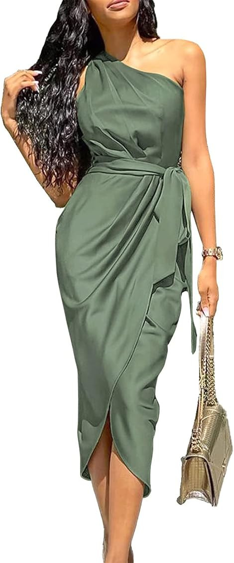 PRETTYGARDEN Women's 2023 Summer Ruched Bodycon Dress Sleeveless One Shoulder Wrap Satin Belted Cocktail Midi Dress | Amazon (US)