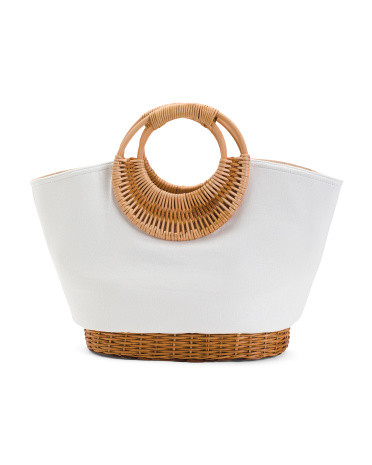 Handmade Medium Tote In Rattan And Linen Cotton Blend | TJ Maxx