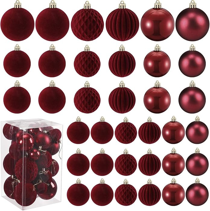Soulchen 42 Pcs Velvet Christmas Ornaments Set Flocked Burgundy Christmas Ball Ornaments Hanging ... | Amazon (US)