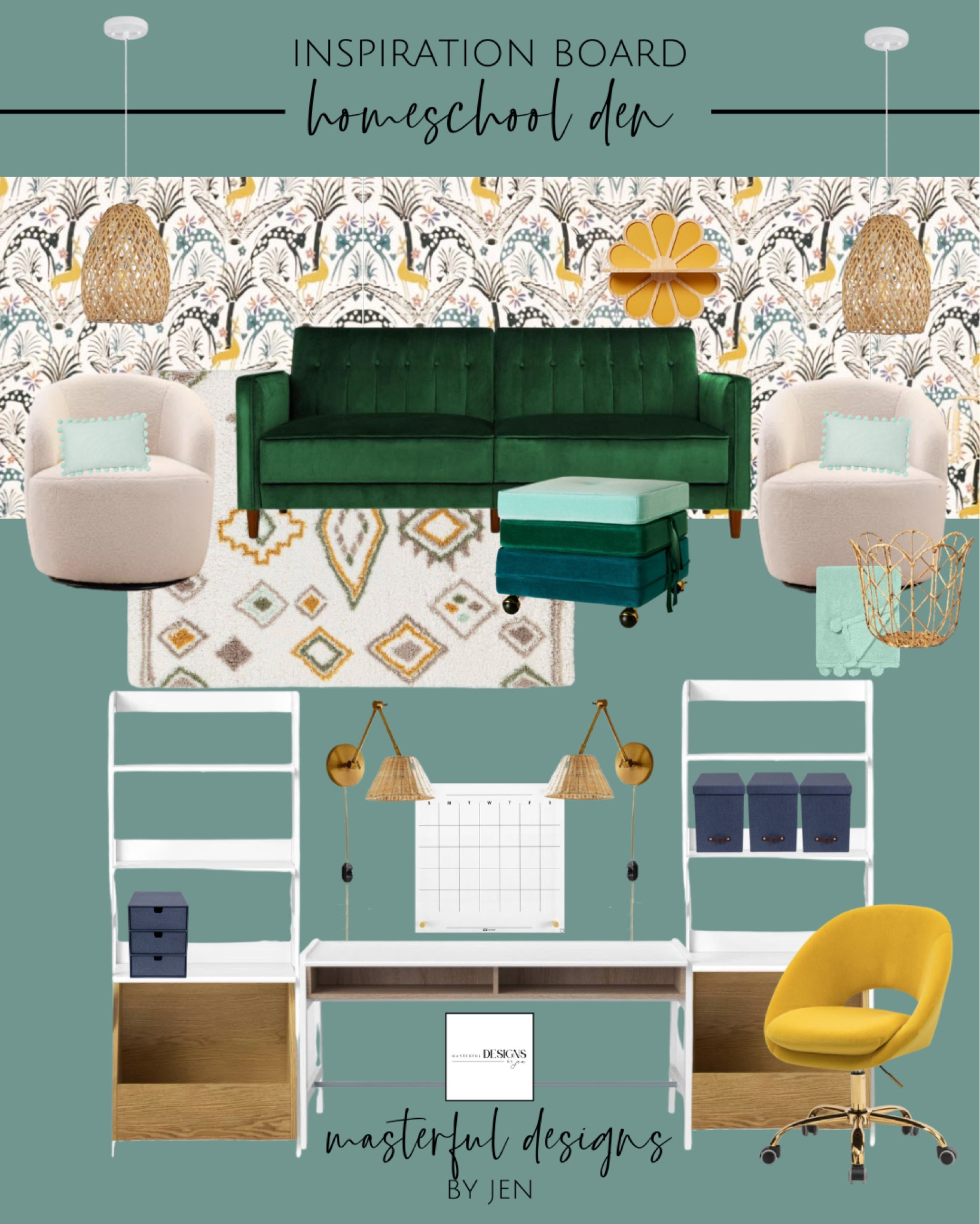 Homeschool Den #den #homeschool #sleepersofa #desk #targetfinds #target #boucle #green #naturalcolors #wallpaper #homedecor #homeoffice #homefinds #bookshelves #storage #organizing #orginization #rattan #lights #pendants #blue #mustard #deskchair #swivelchair #competition 

#LTKSale #LTKFind #LTKhome