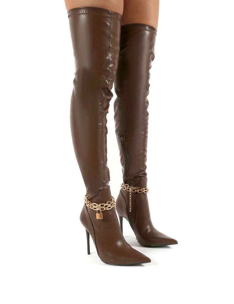 Cherri Chocolate Thigh High Padlock Chain Detail Stiletto Heeled Boots | Public Desire (US & CA)