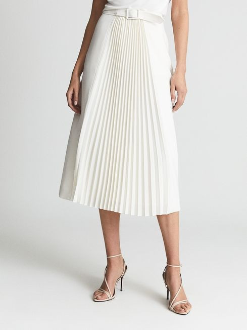 Reiss Ivory Drew Contrast Pleat Midi Skirt | Reiss US