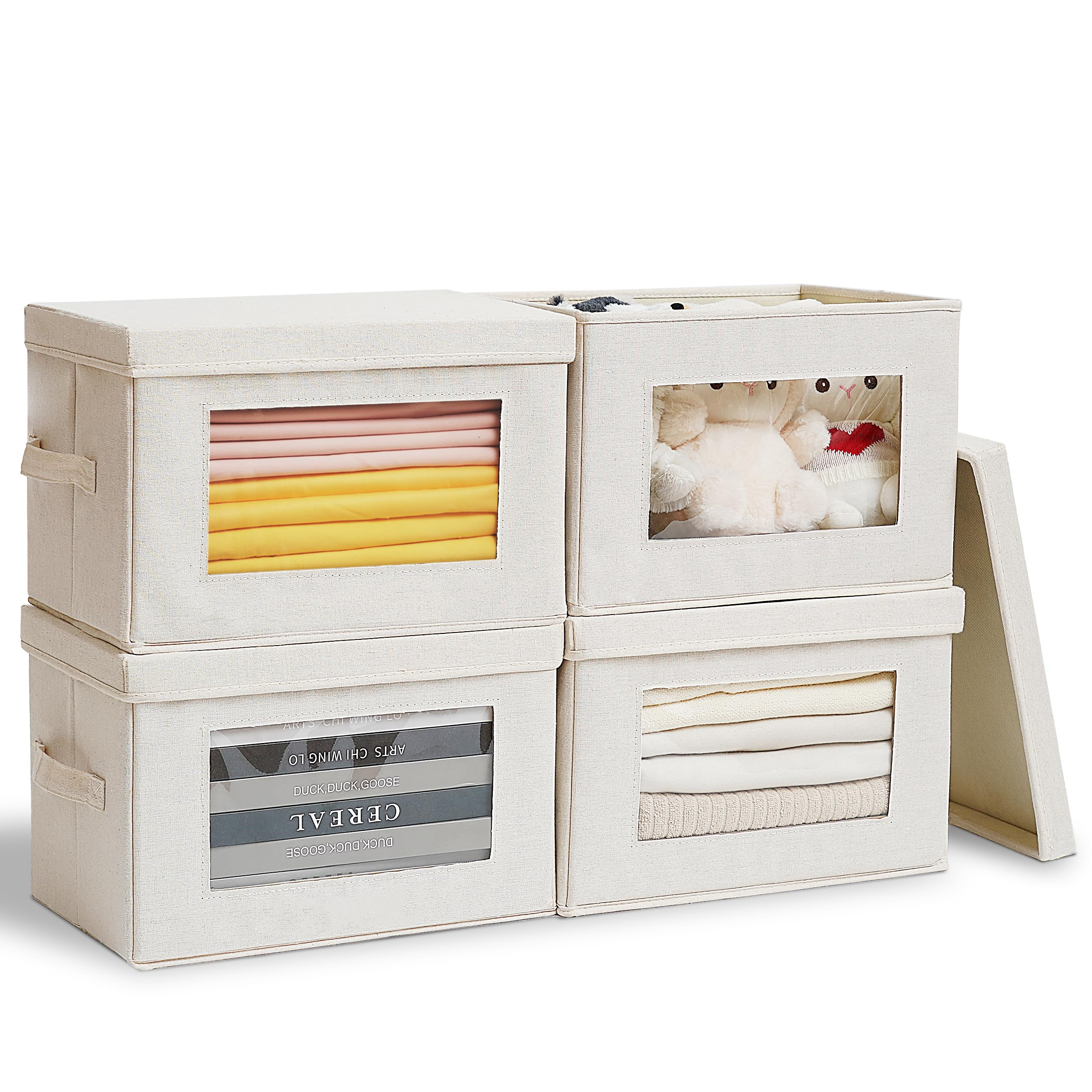 4-Pack Storage Bins with Lids, Fabric Foldable Storage Bins with Soft Cord Handles, Cube Closet Storage Baskets with Lids, Organizers for Organizing Clothes and Books, Beige | Amazon (US)
