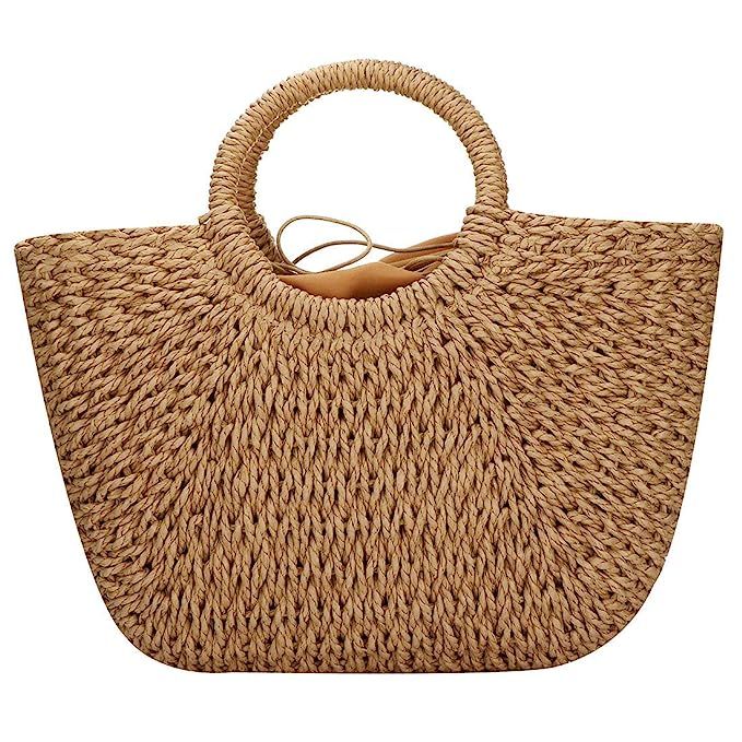 Hand-woven Straw Large Hobo Bag for Women Round Handle Ring Toto Retro Summer Beach Straw Bag | Amazon (US)