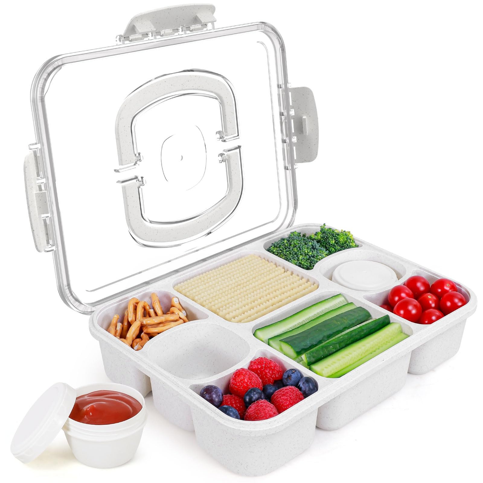 Large Snackle Box Container with 2 Sauce Cups, 8-Compartment Divided Serving Tray with Lid & Hand... | Amazon (US)
