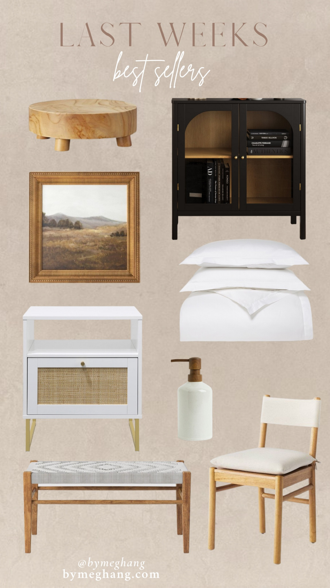 Last weeks most loved items! Affordable black storage cabinet, wood pedestal, home decor, $18 vintage wall art, luxury bedding, affordable end table, stoneware soap dispenser, affordable dining chairs, affordable woven bench 

#LTKhome #LTKFind