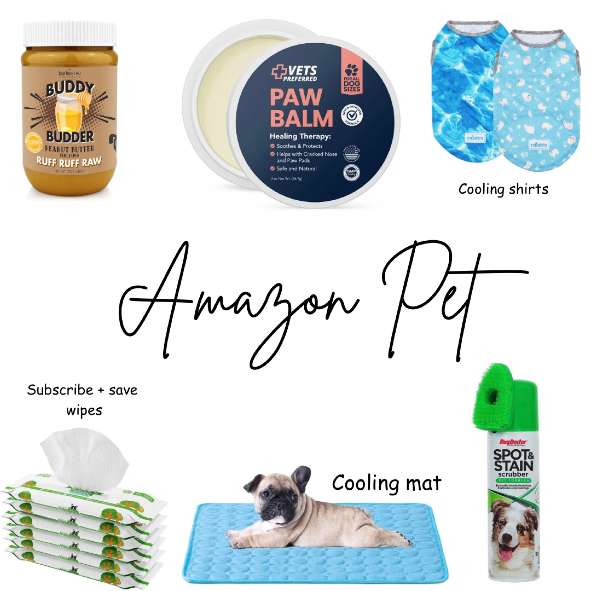 Amazon pet items + some good summer cooling items 
XL in the shirts 