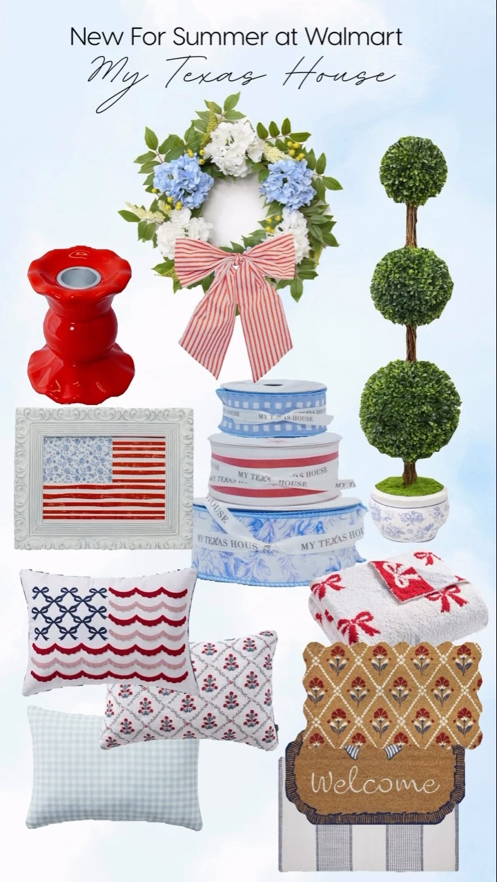 Red, white & beautifully styled 🇺🇸✨  

Obsessed with this new summer drop from Walmart’s My Texas House line—think classic Americana with the sweetest southern charm! From the statement wreath to the layered ribbons, darling pillows, and topiary accents… it’s giving front porch ready just in time for summer hosting ❤️🤍💙  

Everything is affordable, timeless, and so easy to mix into your current decor. I’m already picturing this setup for Memorial Day through the 4th of July!  

Shop all my favorites linked here ⬇️  
#LTKhome #LTKseasonal #AmericanaStyle #SummerDecor #WalmartFinds

#LTKSeasonal #LTKHome