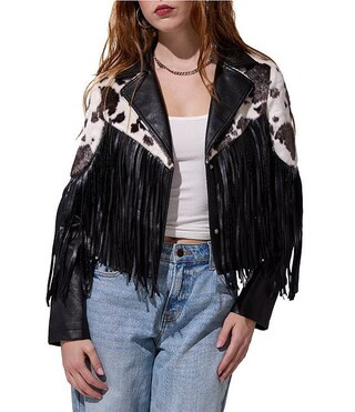 Olandria Cow Print Western Fringe Trim Faux Leather Jacket | Dillard's