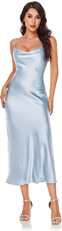 Women's Spaghetti Strap Midi Satin Silk Dresses Slip Cowl Neck Party Cocktail Evening Sexy Dress | Amazon (US)