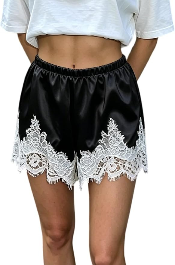 UAURORAO Women Satin Silk Shorts Lace Trim Patchwork Mini Micro Shorts Silky Low Rise Coquette Lo... | Amazon (US)