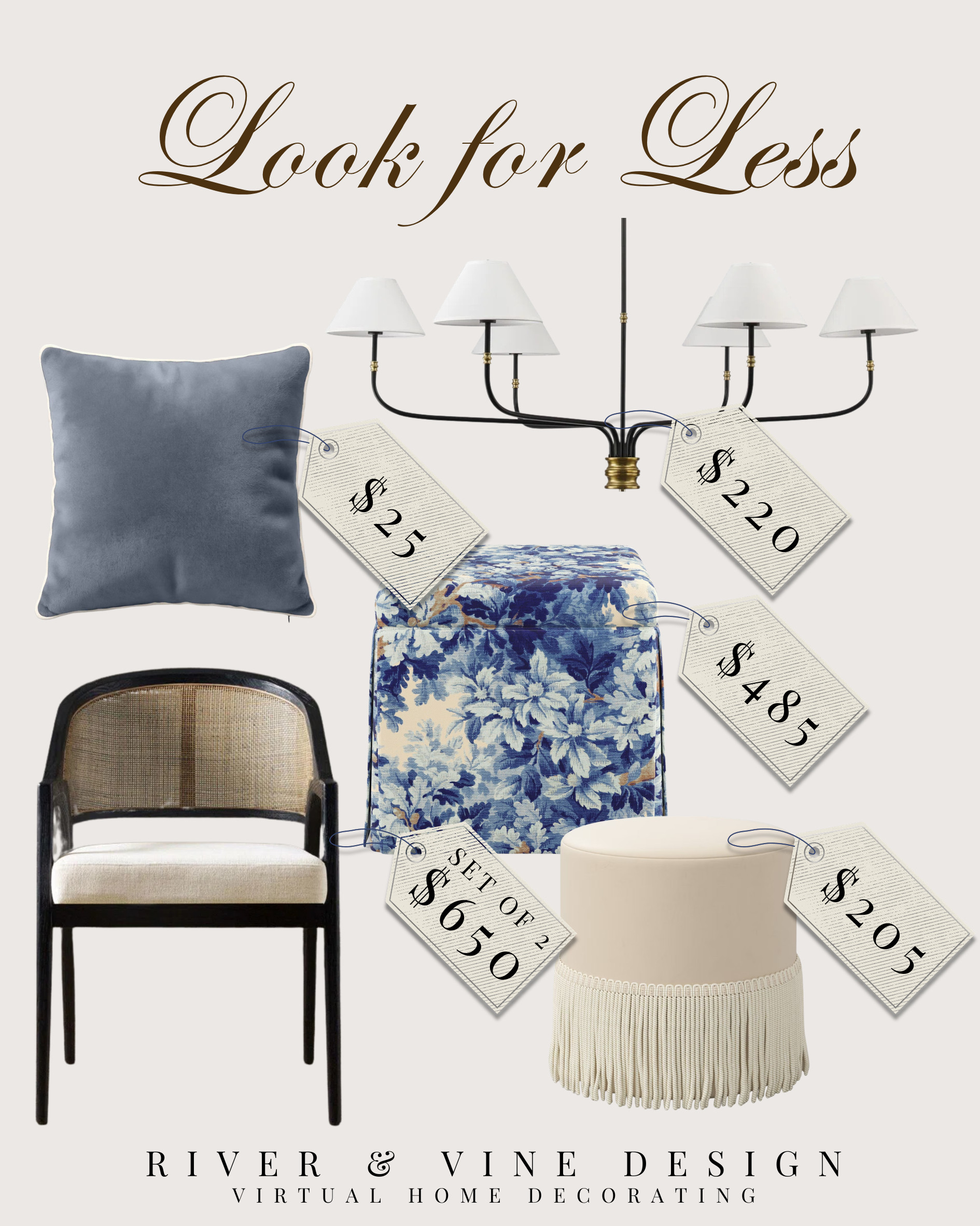 A polished look for less, with pieces that bring in the same moody blue, warm brass, woven texture, and tailored contrast from the room. The mix of a statement light, patterned ottoman, cane chair, velvet pillow, and fringe stool gives the space that layered designer feeling without everything needing to be high-end.

I may receive a commission if you purchase through my links. 

 #LTKHome