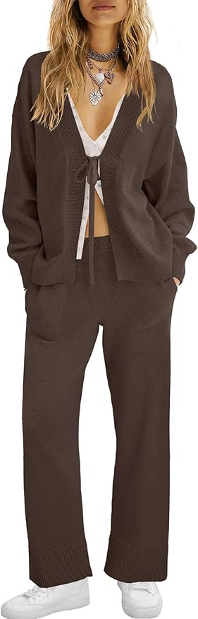 ReachMe Womens 2 Piece Lounge Sets Oversized Fall Outfits Cardigan Sweaters Wide Leg Pants Knit M... | Amazon (US)