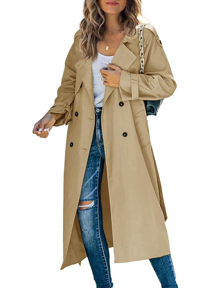 Makkrom Women's Double Breasted Long Trench Coat Windproof Classic Lapel Slim Overcoat with Belt | Amazon (US)