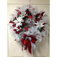 Red & White Christmas Wreath, Holiday Poinsettia Decor, Winter Wreath | Etsy (US)