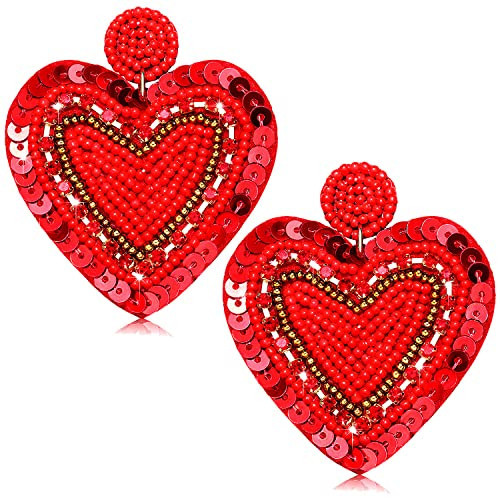 CEALXHENY Valentine’s Beaded Heart Earrings for Women Rhinestone Love Heart Drop Dangle Earrings Statement Red Bead Earring Valentine’s Day Gifts (Red) | Amazon (US)