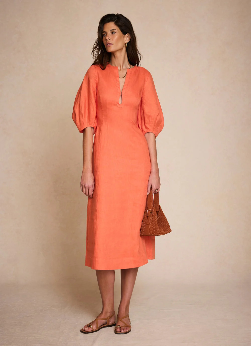 Orange Linen Puff Sleeve Midi Dress | Mint Velvet