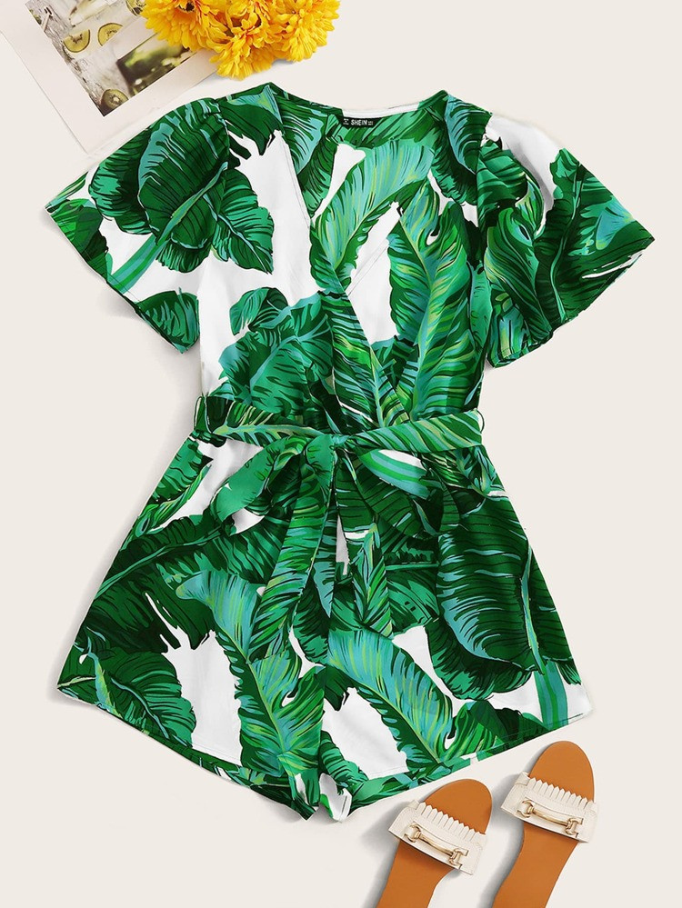 SHEIN Surplice Neck Belted Tropical Print Romper | SHEIN