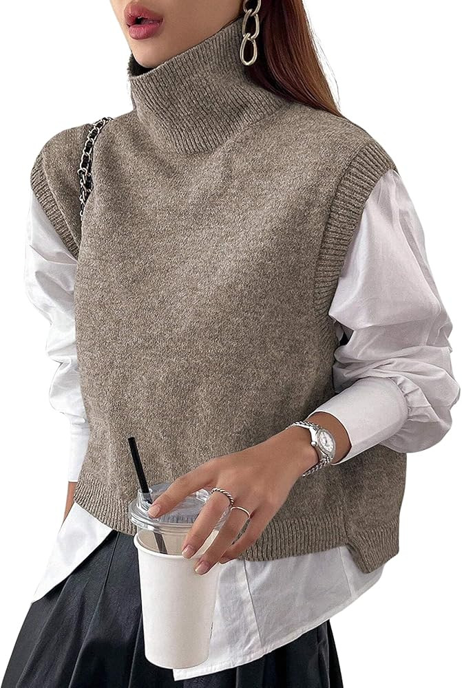 Women Turtleneck Crop Sweater Vest Sleeveless High Neck Solid Loose Fit Knitted Causal Jumper Top... | Amazon (US)