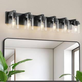 37.5 in. 6-Light Black Vanity Light Fixture, LED Bathroom Wall Light with Shades, Wall Mounted Mi... | The Home Depot