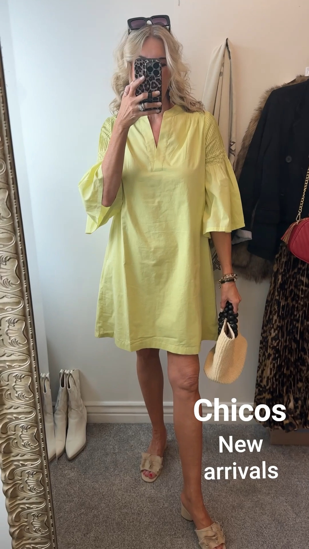 New Spring arrivals from Chicos 

This cute lime green linen dress wit detailed bell sleeves. Fully lined, has pockets vneck 
I am 5’91/2 and hem hits just above knee fits tts 

Chicos sunglasses

Chicos ruffled raffia  Sandal fits tts on sale 

Black flower raffia earrings Chicos (old) 

Chicos bracelets |black bangle| | bangle  

Chicos |Straw bag with black bead handle(sold out) linked similar 

#LTKStyleTip #LTKWatchNow #LTKOver40